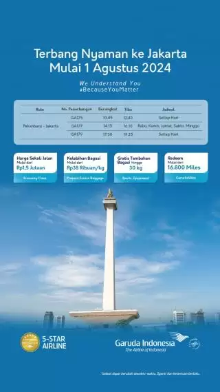 Garuda Indonesia Tambah Frekuensi Penerbangan Pekanbaru-Jakarta Mulai Agustus 2024