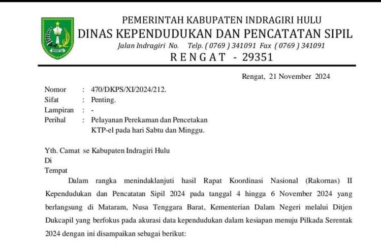 Dekat Masa Tenang Pilkada, Disdukcapil Inhu Malah Buka Pelayanan di Libur Kerja, Ada Apa?