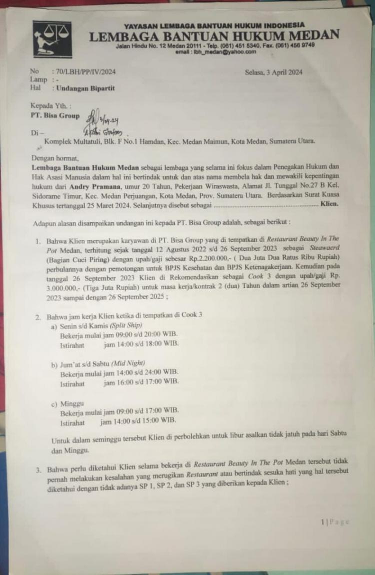 Tidak Ada Itikad Baik, LBH Medan Adukan PT Bisa Grup ke Disnaker Kota Medan